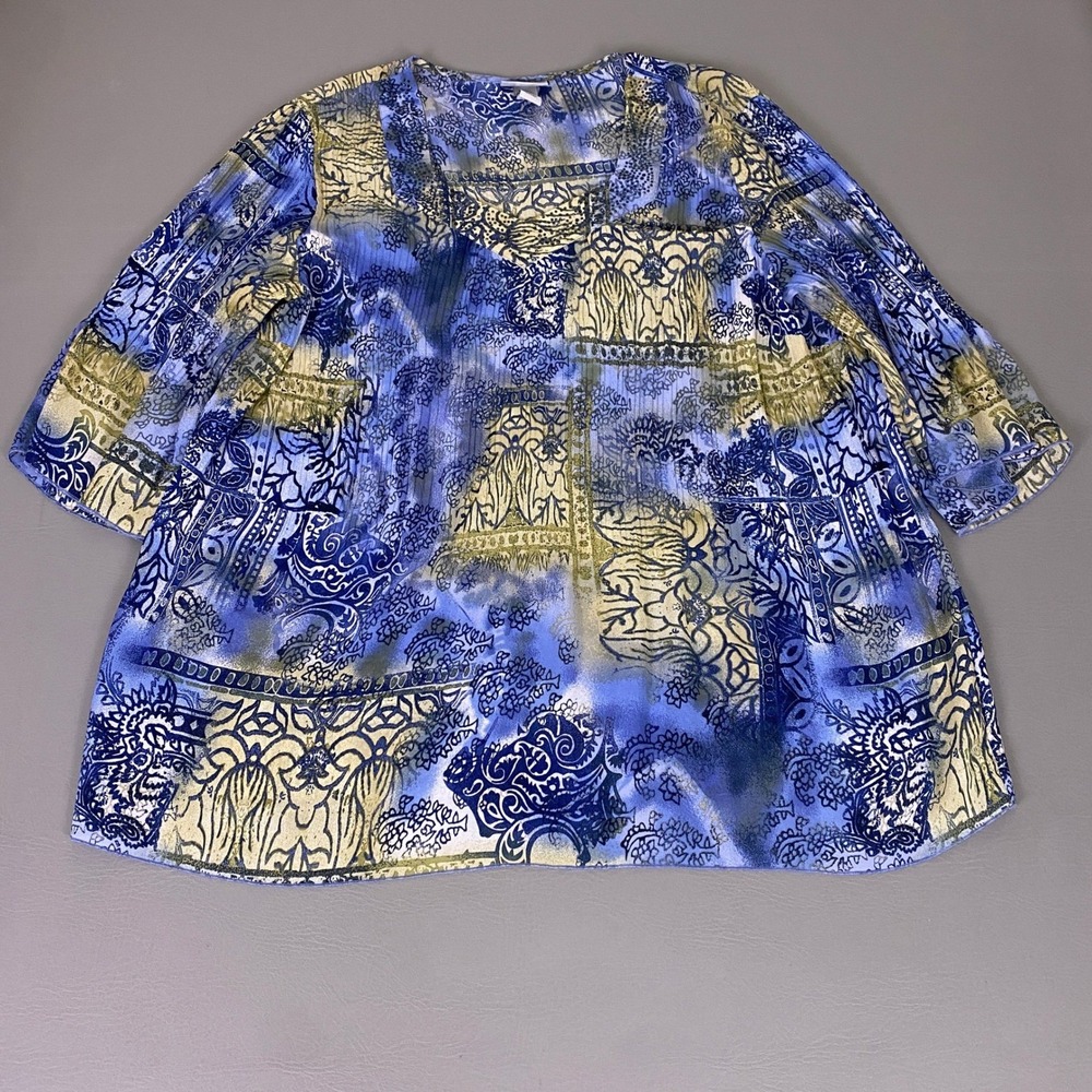 Catherines Tunic Blouse Womens 1X Blue Abstract Paisley Beaded V-Neck 3/4 Sleeve